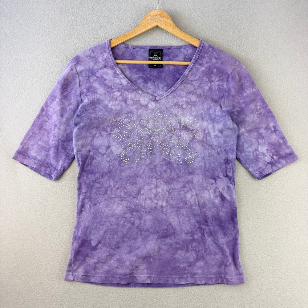 Sledge USA‎ Crown Rhinestone T-Shirt Womens XL Purple Tie Dye Y2K V-Neck Cotton